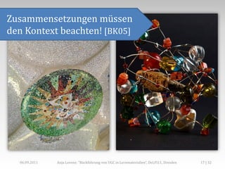 Zusammensetzungen müssen
den Kontext beachten! [BK05]




  06.09.2011   Anja Lorenz: "Rückführung von UGC in Lernmaterialien“, DeLFI11, Dresden   17 | 32
 
