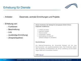 Erhebung für Dienste
 Anbieter: Dezernate, zentrale Einrichtungen und Projekte
 Erhebung von:
 Funktionen
 Beschreibung
 Link
 (zuständige Einrichtung)
 (Ansprechpartner)
UNIVERSITÄT POTSDAM | Institut für Informatik und Computational Science | Komplexe Multimediale Anwendungsarchitekturen 7© 2015
 