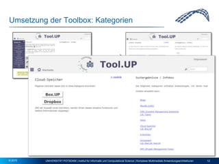 Umsetzung der Toolbox: Kategorien
UNIVERSITÄT POTSDAM | Institut für Informatik und Computational Science | Komplexe Multimediale Anwendungsarchitekturen 12© 2015
 