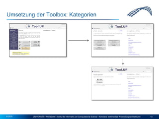 Umsetzung der Toolbox: Kategorien
UNIVERSITÄT POTSDAM | Institut für Informatik und Computational Science | Komplexe Multimediale Anwendungsarchitekturen 13© 2015
 