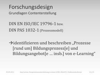 Forschungsdesign
   Grundlagen Contenterstellung

   DIN EN ISO/IEC 19796-1 bzw.
   DIN PAS 1032-1 (Prozessmodell)

   identifizieren und beschreiben „Prozesse
    [rund um] Bildungsprozess[e] und
    Bildungsangebot[e … insb.] von e-Learning“


05.09.2011   Anja Lorenz: Kooperationsunterstützung in einem LCMS, #DeLFI11 Doktorandenforum   12 | 15
 