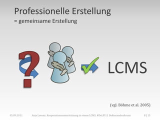 Professionelle Erstellung
   = gemeinsame Erstellung




                                                                         LCMS
                                                                           (vgl. Böhme et al. 2005)

05.09.2011   Anja Lorenz: Kooperationsunterstützung in einem LCMS, #DeLFI11 Doktorandenforum   8 | 15
 
