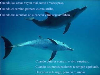 Cuando quieres sonreír, y sólo suspiras, Cuando tus preocupaciones te tengan agobiado, Descansa si te urge, pero no te rindas. Cuando las cosas vayan mal como a veces pasa, Cuando el camino parezca cuesta arriba, Cuando tus recursos no alcancen y tus deudas suban,