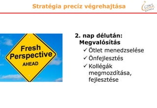www.icons.hu
2. nap délután:
Megvalósítás
 Ötlet menedzselése
 Önfejlesztés
 Kollégák
megmozdítása,
fejlesztése
Stratégia precíz végrehajtása
 