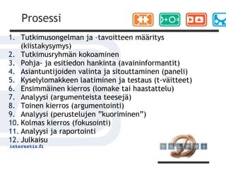 Prosessi
1. Tutkimusongelman ja –tavoitteen määritys
    (kiistakysymys)
2. Tutkimusryhmän kokoaminen
3. Pohja- ja esitiedon hankinta (avaininformantit)
4. Asiantuntijoiden valinta ja sitouttaminen (paneli)
5. Kyselylomakkeen laatiminen ja testaus (t-väitteet)
6. Ensimmäinen kierros (lomake tai haastattelu)
7. Analyysi (argumenteista teesejä)
8. Toinen kierros (argumentointi)
9. Analyysi (perustelujen ”kuoriminen”)
10. Kolmas kierros (fokusointi)
11. Analyysi ja raportointi
12. Julkaisu
 