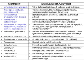MEGATRENDIT                               ILMENEMISMUODOT, VAIKUTUKSET
•   Verkostoituminen (yhteispeli)‫ • ‏‬Yritys- ja kansalaistoiminnan & hallinnon tavat ja ohjaavat
                 Tulevaisuustermit ja -metodit
•   Teknologinen kehitys (the      • ideat
                                     Tietokoneistuminen, bioteknologia, energiateknologiat,
    net, tietokoneet)‫‏‬                  verkottuminen, teknologioiden konvergenssi
•   Individualismi ja               •   Identiteetin jatkuva tekeminen, räätälöidyt ja brändätyt
    privatisoituminen (the self)‫‏‬       palvelut
•   Monitieteisyys ja               •   Ongelmien ratkaisuun ja teorioiden kehittelyyn tarvitaan
    tieteidenvälisyys                   useiden asiantuntijuuksien ja tiedonalojen yhdistelyä
•   Informaation lisääntyminen,     •   Jatkuva informaation ja uutisten virta, ”pullistuva” nykyhetki,
    nopeutuminen, reaaliaikais-         infoähky, elinikäinen oppiminen, näkemystiedon ja
    tuminen, mediallistuminen           valintakriteerien tarve
•   Työn murros, globalisaatio      •   Siirtymä teollisesta informaatiovaiheeseen, pätkätyöt, kahdet
                                        työmarkkinat, osaamisen uudistumiskierre, glob. tuotanto ja
•   Joustavuus, säätelyn purku      •   raha
                                        Suunnittelutalouksien hajoaminen, kaupan rajojen
•   Suureneminen ja integraatio     •   poistuminenkulttuurien integroituminen (EU, tutkinnot)‫‏‬
                                        Alueiden ja
•   Pieneneminen                    •   Nanoteknologia, mobiili multimedia
•   Simuloituminen,                 •   Internet, simulaatiot, rooli- ja elämyspelit, chat
•   abstraktisuus
    Läpinäkyvyys                    •   Politiikan ja toiminnan avautuminen, subsidiariteettiperiaate
•   Turvattomuus                    •   Ekologiset uhat, terrorismi, lähiturvattomuus
•   Globaali etiikka                •   Kulttuuriset ja ideologiset arvokonfliktit
•   Kestävä kehitys                 •   Ekologisen, sosiaalisen ja taloudellisen toiminnan
                                        ympäristökestävyys
 