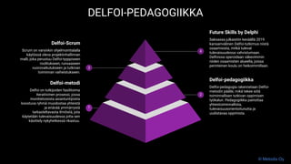 Delfoi-pedagogiikka
Delfoi-pedagogia rakennetaan Delfoi-
metodin päälle, mikä tekee siitä
toiminnallisen tutkivan oppimisen
työkalun. Pedagogiikka painottaa
yhteistoiminnallista,
tulevaisuusorientoitunutta ja
uudistavaa oppimista.
2
Delfoi-metodi
Delfoi on tutkijoiden fasilitoima
iteratiivinen prosessi, jossa
monitietoisista asiantuntijoista
koostuva ryhmä muodostaa yhteistä
ja eriävää ymmärrystä
tarkasteltavasta ilmiöstä, jota
käytetään tulevaisuudessa jotta sen
käsittely nykyhetkessä rikastuu.
1
Future Skills by Delphi
Saksassa julkaistiin keväällä 2019
kansainvälinen Delfoi-tutkimus niistä
osaamisista, mitkä tulevat
tulevaisuudessa vahvistumaan.
Delfoissa operoidaan väkevimmin
niiden osaamisten alueella, joissa
perinteinen koulu on heikoimmillaan.
4
Delfoi-Scrum
Scrum on varsinkin ohjelmointialalla
käytössä oleva projektinhallinnan
malli, joka perustuu Delfoi-tyyppiseen
roolitukseen, runsaaseen
vuorovaikutukseen ja tutkivan
toiminnan vaiheistukseen.
3
DELFOI-PEDAGOGIIKKA
© Metodix Oy
 
