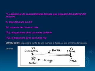 “ A coeficiente de conductibilidad térmica que depende del material del muro en    A. área del muro en m2 (e). espesor del muro en mts. (T1). temperatura de la cara mas caliente   (T2). temperatura de la cara mas fría CONDUCCION  Si pones la punta de una cuchara al fuego, al rato el mango también se calienta.   