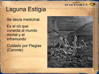 Laguna Estigia Se decía medicinal. Es el rió que conecta al mundo mortal y el inframundo Cuidado por Flegias (Caronte) 