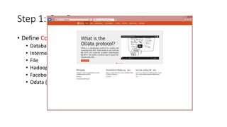Step 1: Get Data 
• Define Connection to a data source 
• Database 
• Internet page 
• File 
• Hadoop 
• Facebook 
• Odata (www.odata.org) 
 