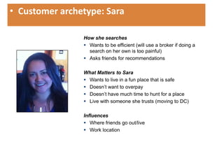 • Customer archetype: Sara

                How she searches
                 Wants to be efficient (will use a broker if doing a
                  search on her own is too painful)
                 Asks friends for recommendations

                What Matters to Sara
                 Wants to live in a fun place that is safe
                 Doesn’t want to overpay
                 Doesn’t have much time to hunt for a place
                 Live with someone she trusts (moving to DC)

                Influences
                 Where friends go out/live
                 Work location




                                                                        110
 