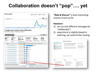 Collaboration doesn’t “pop”…. yet
                  “Rate & Discuss” is least interesting
                  tutorial screen so far

                  However:
                  1) we can test different messages (ie
                     “collaborate”)
                  2) experiment is slightly biased in
                     ordering, we need further testing
 