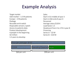 Example Analysis
Target market                         Sales
USA market – 1.5 M patients           Start in EU middle of year 3
Europe – 2 M patients                 Start in USA end of year 4
Package                               Personnel
Reusable wrist watch                  Average salary $120 K
Disposable sensors / patch            Load factor 1.5
Access to patients data               Headcount from 4 to 174 in year 8
Product development                   Financing
4 people in the beginning             Series A – $3 M
$2 million                            Series B – $10 M
1.5 years to develop


  Price per package: $150

  COGS                    Operating ExpensesProfit

       $60 per unit                    $90 per unit
 