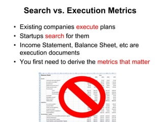 Search vs. Execution Metrics
• Existing companies execute plans
• Startups search for them
• Income Statement, Balance Sheet, etc are
  execution documents
• You first need to derive the metrics that matter
 