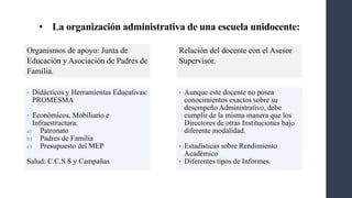 • La organización administrativa de una escuela unidocente:
Organismos de apoyo: Junta de
Educación y Asociación de Padres de
Familia.
Relación del docente con el Asesor
Supervisor.
• Didácticos y Herramientas Educativas:
PROMESMA
• Económicos, Mobiliario e
Infraestructura:
a) Patronato
b) Padres de Familia
c) Presupuesto del MEP
Salud: C.C.S.S y Campañas
• Aunque este docente no posea
conocimientos exactos sobre su
desempeño Administrativo, debe
cumplir de la misma manera que los
Directores de otras Instituciones bajo
diferente modalidad.
• Estadísticas sobre Rendimiento
Académico
• Diferentes tipos de Informes.
 