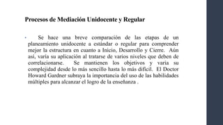 Procesos de Mediación Unidocente y Regular
• Se hace una breve comparación de las etapas de un
planeamiento unidocente a estándar o regular para comprender
mejor la estructura en cuanto a Inicio, Desarrollo y Cierre. Aún
así, varía su aplicación al tratarse de varios niveles que deben de
correlacionarse. Se mantienen los objetivos y varía su
complejidad desde lo más sencillo hasta lo más difícil. El Doctor
Howard Gardner subraya la importancia del uso de las habilidades
múltiples para alcanzar el logro de la enseñanza .
 