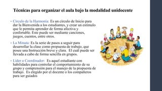 Técnicas para organizar el aula bajo la modalidad unidocente
• Círculo de la Harmonía: Es un círculo de Inicio para
dar la Bienvenida a los estudiantes, y crear un estímulo
que le permita aprender de forma afectiva y
confortable. Este puede ser mediante canciones,
juegos, cuentos, entre otros.
• La Minuta: Es la serie de pasos a seguir para
desarrollar la clase como propuesta de trabajo, que
posee una Instrucción breve y clara. El cuál puede ser
llevada a cabo de forma sencilla en grupos.
• Líder o Coordinador: Es aquel estudiante con
habilidades para controlar el comportamiento de su
grupo y comprensión para el manejo de la propuesta de
trabajo. Es elegido por el docente o los compañeros
para ser guiados
 