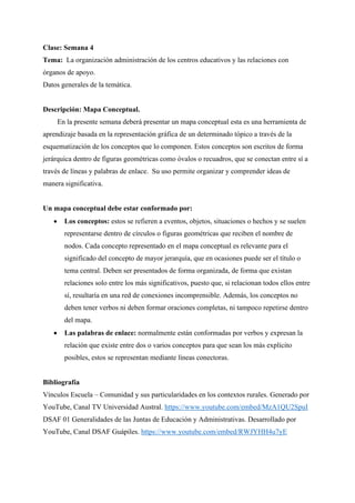 Clase: Semana 4
Tema: La organización administración de los centros educativos y las relaciones con
órganos de apoyo.
Datos generales de la temática.
Descripción: Mapa Conceptual.
En la presente semana deberá presentar un mapa conceptual esta es una herramienta de
aprendizaje basada en la representación gráfica de un determinado tópico a través de la
esquematización de los conceptos que lo componen. Estos conceptos son escritos de forma
jerárquica dentro de figuras geométricas como óvalos o recuadros, que se conectan entre sí a
través de líneas y palabras de enlace. Su uso permite organizar y comprender ideas de
manera significativa.
Un mapa conceptual debe estar conformado por:
• Los conceptos: estos se refieren a eventos, objetos, situaciones o hechos y se suelen
representarse dentro de círculos o figuras geométricas que reciben el nombre de
nodos. Cada concepto representado en el mapa conceptual es relevante para el
significado del concepto de mayor jerarquía, que en ocasiones puede ser el título o
tema central. Deben ser presentados de forma organizada, de forma que existan
relaciones solo entre los más significativos, puesto que, si relacionan todos ellos entre
sí, resultaría en una red de conexiones incomprensible. Además, los conceptos no
deben tener verbos ni deben formar oraciones completas, ni tampoco repetirse dentro
del mapa.
• Las palabras de enlace: normalmente están conformadas por verbos y expresan la
relación que existe entre dos o varios conceptos para que sean los más explícito
posibles, estos se representan mediante líneas conectoras.
Bibliografía
Vínculos Escuela – Comunidad y sus particularidades en los contextos rurales. Generado por
YouTube, Canal TV Universidad Austral. https://www.youtube.com/embed/MzA1QU2SpuI
DSAF 01 Generalidades de las Juntas de Educación y Administrativas. Desarrollado por
YouTube, Canal DSAF Guápiles. https://www.youtube.com/embed/RWJYHH4u7yE
 