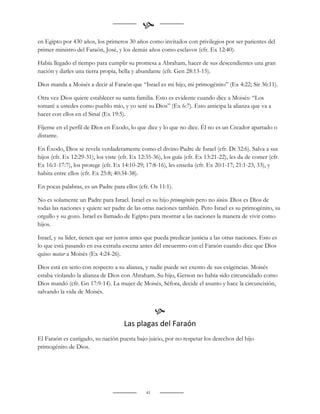 
en Egipto por 430 años, los primeros 30 años como invitados con privilegios por ser parientes del
primer ministro del Faraón, José, y los demás años como esclavos (cfr. Ex 12:40).

Había llegado el tiempo para cumplir su promesa a Abraham, hacer de sus descendientes una gran
nación y darles una tierra propia, bella y abundante (cfr. Gen 28:13-15).

Dios manda a Moisés a decir al Faraón que “Israel es mi hijo, mi primogénito” (Ex 4:22; Sir 36:11).

Otra vez Dios quiere establecer su santa familia. Esto es evidente cuando dice a Moisés: “Los
tomaré a ustedes como pueblo mío, y yo seré su Dios” (Ex 6:7). Esto anticipa la alianza que va a
hacer con ellos en el Sinaí (Ex 19:5).

Fíjense en el perfil de Dios en Éxodo, lo que dice y lo que no dice. Él no es un Creador apartado o
distante.

En Éxodo, Dios se revela verdaderamente como el divino Padre de Israel (cfr. Dt 32:6). Salva a sus
hijos (cfr. Ex 12:29-31), los viste (cfr. Ex 12:35-36), los guía (cfr. Ex 13:21-22), les da de comer (cfr.
Ex 16:1-17:7), los protege (cfr. Ex 14:10-29; 17:8-16), les enseña (cfr. Ex 20:1-17; 21:1-23, 33), y
habita entre ellos (cfr. Ex 25:8; 40:34-38).

En pocas palabras, es un Padre para ellos (cfr. Os 11:1).

No es solamente un Padre para Israel. Israel es su hijo primogénito pero no único. Dios es Dios de
todas las naciones y quiere ser padre de las otras naciones también. Pero Israel es su primogénito, su
orgullo y su gozo. Israel es llamado de Egipto para mostrar a las naciones la manera de vivir como
hijos.

Israel, y su líder, tienen que ser justos antes que pueda predicar justicia a las otras naciones. Esto es
lo que está pasando en esa extraña escena antes del encuentro con el Faraón cuando dice que Dios
quiso matar a Moisés (Ex 4:24-26).

Dios está en serio con respecto a su alianza, y nadie puede ser exento de sus exigencias. Moisés
estaba violando la alianza de Dios con Abraham. Su hijo, Gerson no había sido circuncidado como
Dios mandó (cfr. Gn 17:9-14). La mujer de Moisés, Séfora, decide el asunto y hace la circuncisión,
salvando la vida de Moisés.


                                                    
                                     Las plagas del Faraón
El Faraón es castigado, su nación puesta bajo juicio, por no respetar los derechos del hijo
primogénito de Dios.




                                               41
 