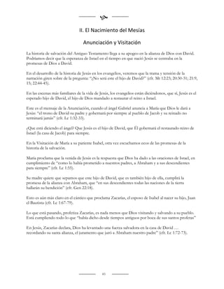 
                                II. El Nacimiento del Mesías

                                  Anunciación y Visitación
La historia de salvación del Antiguo Testamento llega a su apogeo en la alianza de Dios con David.
Podríamos decir que la esperanza de Israel en el tiempo en que nació Jesús se centraba en la
promesas de Dios a David.

En el desarrollo de la historia de Jesús en los evangelios, veremos que la trama y tensión de la
narración giren sobre de la pregunta: “¿No será este el hijo de David?” (cfr. Mt 12:23; 20:30-31; 21:9,
15; 22:44-45).

En las escenas más familiares de la vida de Jesús, los evangelios están diciéndonos, que sí, Jesús es el
esperado hijo de David, el hijo de Dios mandado a restaurar el reino a Israel.

Este es el mensaje de la Anunciación, cuando el ángel Gabriel anuncia a María que Dios le dará a
Jesús: “el trono de David su padre y gobernará por siempre al pueblo de Jacob y su reinado no
terminará jamás” (cfr. Lc 1:32-33).

¿Que está diciendo el ángel? Que Jesús es el hijo de David, que Él gobernará el restaurado reino de
Israel (la casa de Jacob) para siempre.

En la Visitación de María a su pariente Isabel, otra vez escuchamos ecos de las promesas de la
historia de la salvación.

María proclama que la venida de Jesús es la respuesta que Dios ha dado a las oraciones de Israel, en
cumplimiento de “como lo había prometido a nuestros padres, a Abraham y a sus descendientes
para siempre” (cfr. Lc 1:55).

Su madre quiere que sepamos que este hijo de David, que es también hijo de ella, cumplirá la
promesa de la alianza con Abraham, que “en sus descendientes todas las naciones de la tierra
hallarán su bendición” (cfr. Gen 22:18).

Esto es aún más claro en el cántico que proclama Zacarías, el esposo de Isabel al nacer su hijo, Juan
el Bautista (cfr. Lc 1:67-79).

Lo que está pasando, profetiza Zacarías, es nada menos que Dios visitando y salvando a su pueblo.
Está cumpliendo todo lo que “había dicho desde tiempos antiguos por boca de sus santos profetas”

En Jesús, Zacarías declara, Dios ha levantado una fuerza salvadora en la casa de David …
recordando su santa alianza, el juramento que juró a Abraham nuestro padre” (cfr. Lc 1:72-73).


                                                    


                                              83
 