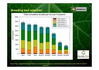 Breeding and selection
Total cumulative oil yield per ha over 5 seasons
4000
3500

336
4

Yield (kg/ha)

3000

314
6

313
9

287
0

Total season 1
Total season 2
Total season 3
Total season 4
Subtotal season 5

284
6

2500

216
8

2000
1500

120
3

1000

836

500
0
3007

D1 Oils plc

3009

3001

05-0011 05-0002

AVER

05-0041 05-0038

11
Ab van Peer, Global Knowledge Platform for Sustainable Solutions for Jatropha Based Bio-Fuels in India, Delhi 21/12/2012
00:06:57

 