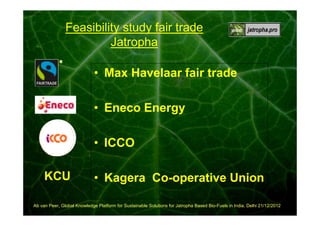 00:00:30

Feasibility study fair trade
Jatropha
• Max Havelaar fair trade
• Eneco Energy
• ICCO
KCU

• Kagera Co-operative Union

Ab van Peer, Global Knowledge Platform for Sustainable Solutions for Jatropha Based Bio-Fuels in India, Delhi 21/12/2012

 