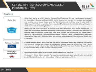 For updated information, please visit www.ibef.orgDELHI30
KEY SECTOR – AGRICULTURAL AND ALLIED
INDUSTRIES… (2/2)
 Mother Dairy was set up in 1974 under the ‘Operation Flood Programme’. It is now a wholly owned company of
the National Dairy Development Board (NDDB). Mother Dairy markets and sells dairy products, such as liquid
milk, curd, ice creams, cheese & butter under the ‘Mother Dairy’ brand, the ‘Dhara’ range of edible oils & the
‘Safal’ range of fresh fruits & vegetables, frozen vegetables & fruit juices, at the national level through its sales &
distribution networks for marketing food items.
 Mother Dairy milk has a market share of around 66.0 per cent in the branded sector in Delhi, where it sells 2.5
million litres of milk daily & undertakes its marketing operations through around 1,400 retail outlets and over 1,000
exclusive outlets. Furthermore, the ice cream brand of the company has around 62 per cent market share in
Delhi-NCR. The company has a dairy manufacturing plant at Patparganj & a fruit & vegetable plant at Mangolpuri
Industrial Area. It also has a distribution facility with an annual handling capacity of 200,000 tonnes of fresh fruits
& vegetables.
 It offers an extensive range of products that cater to all kinds of consumers in different parts of the world, from basmati
rice, ready-to-eat products, cook-in sauces & cooking pastes to spices, seasonings & frozen food. It has a strong
market presence not only in India but also in the US, the UK, Dubai, Canada, Japan, Australia, Singapore & other
European countries. It has an office in Greater Kailash in New Delhi.
 Sterling Agro Industries markets its dairy products under its brands ‘NOVA’ and ‘A-ONE’.
 The company’s office in Delhi is located at Pitampura. Nova products include ghee, butter oil, butter, skimmed milk
powder, full cream milk powder, dairy whitener, butter milk powder and milk powder blends.
Mother Dairy
Kohinoor Foods Ltd
Sterling Agro
Industries Ltd
Key players
 