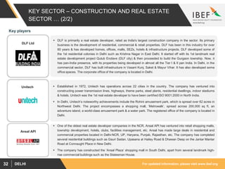 For updated information, please visit www.ibef.orgDELHI32
KEY SECTOR – CONSTRUCTION AND REAL ESTATE
SECTOR … (2/2)
 DLF is primarily a real estate developer, rated as India's largest construction company in the sector. Its primary
business is the development of residential, commercial & retail properties. DLF has been in this industry for over
60 years & has developed homes, offices, malls, SEZs, hotels & infrastructure projects. DLF developed some of
the 1st residential colonies in Delhi such as Krishna Nagar in East Delhi. It started off with its 1st landmark real
estate development project Qutub Enclave (DLF city) & then proceeded to build the Gurgaon township. Now, it
has pan-India presence, with its properties being developed in almost all the Tier I & II pan India. In Delhi, in the
commercial sector, DLF has built infrastructure in Vasant Kunj, Saket & Mayur Vihar. It has also developed some
office spaces. The corporate office of the company is located in Delhi.
DLF Ltd
 Established in 1972, Unitech has operations across 22 cities in the country. The company has ventured into
constructing power transmission lines, highways, theme parks, steel plants, residential dwellings, indoor stadiums
& hotels. Unitech was the 1st real estate developer to have been certified ISO 9001:2000 in North India.
 In Delhi, Unitech’s noteworthy achievements include the Rohini amusement park, which is spread over 62 acres in
Northwest Delhi. The project encompasses a shopping mall, ‘Metrowalk’, spread across 200,000 sq ft, an
adventure island, a world-class amusement park & a water park. The registered office of the company is located in
Delhi.
Unitech
Key players
 One of the oldest real estate developer companies in the NCR, Ansal API has ventured into retail shopping malls,
township development, hotels, clubs, facilities management, etc. Ansal has made large deals in residential and
commercial properties located in Delhi-NCR, UP, Haryana, Punjab, Rajasthan, etc. The company has completed
several residential buildings such as Gauri Sadan, Upasana at Hailey Road & Dhawan Deep on the Jantar Mantar
Road at Connaught Place in New Delhi.
 The company has constructed the ‘Ansal Plaza’ shopping mall in South Delhi, apart from several landmark high-
rise commercial buildings such as the Statesman House.
Ansal API
 