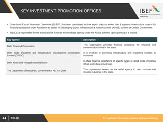 For updated information, please visit www.ibef.orgDELHI44
KEY INVESTMENT PROMOTION OFFICES
 State Level Export Promotion Committee (SLEPC) has been constituted to draw export policy & action plan & approve infrastructure projects for
financial assistance under Assistance to States for Developing Export Infrastructure & Allied Activities (ASIDE) scheme of Central Government.
 DSIIDC is responsible for the distribution of funds to the developer agency under the ASIDE scheme upon approval of a project.
Key agency Description
Delhi Financial Corporation
This organisation provides financial assistance for industrial and
commercial activities in the state.
Delhi State Industrial and Infrastructure Development Corporation
Limited (DSIIDC)
It is involved in providing infrastructure and marketing facilities to
industries.
Delhi Khadi and Village Industries Board
It offers financial assistance to specific types of small scale industries
(khadi and village industries).
The Department of Industries, Government of NCT of Delhi
This organisation serves as the nodal agency to plan, promote and
develop industries in the state.
 