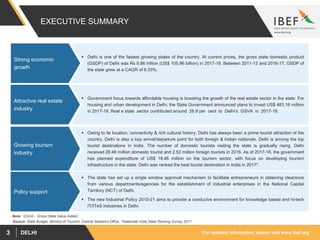 For updated information, please visit www.ibef.orgDELHI3
EXECUTIVE SUMMARY
 Delhi is one of the fastest growing states of the country. At current prices, the gross state domestic product
(GSDP) of Delhi was Rs 6.86 trillion (US$ 105.96 billion) in 2017-18. Between 2011-12 and 2016-17, GSDP of
the state grew at a CAGR of 6.33%.
Strong economic
growth
 Government focus towards affordable housing is boosting the growth of the real estate sector in the state. For
housing and urban development in Delhi, the State Government announced plans to invest US$ 483.16 million
in 2017-18. Real e state sector contributed around 28.9 per cent to Delhi’s GSVA in 2017-18.
Attractive real estate
industry
 Owing to its location, connectivity & rich cultural history, Delhi has always been a prime tourist attraction of the
country. Delhi is also a key arrival/departure point for both foreign & Indian nationals. Delhi is among the top
tourist destinations in India. The number of domestic tourists visiting the state is gradually rising, Delhi
received 28.46 million domestic tourist and 2.52 million foreign tourists in 2016. As of 2017-18, the government
has planned expenditure of US$ 18.46 million on the tourism sector, with focus on developing tourism
infrastructure in the state. Delhi was ranked the best tourist destination in India in 2017*.
Growing tourism
industry
 The state has set up a single window approval mechanism to facilitate entrepreneurs in obtaining clearance
from various departments/agencies for the establishment of industrial enterprises in the National Capital
Territory (NCT) of Delhi.
 The new Industrial Policy 2010-21 aims to provide a conducive environment for knowledge based and hi-tech
IT/ITeS industries in Delhi.
Policy support
Source: State Budget, Ministry of Tourism, Central Statistics Office, *Hotelivate India State Ranking Survey 2017
Note: GSVA – Gross State Value Added
 