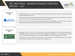 For updated information, please visit www.ibef.orgDELHI44
KEY INDUSTRIES – BANKING & FINANCIAL SERVICES
SECTOR … (4/4)
 United Bank of India is one of the 14 major banks, which were nationalised in July 1969. Its predecessor, the
United Bank of India Ltd, was formed in 1950 with the amalgamation of 4 banks, viz., Comilla Banking Corporation
Ltd (1914), Bengal Central Bank Ltd (1918), Comilla Union Bank Ltd (1922) & Hooghly Bank Ltd (1932).
 The bank has more than 1,600 branches & offices. In Delhi, the bank has branches located in Asaf Ali Road,
Chandni Chowk, Chittranjan Park, Connuaght Circus, Daryaganj, etc.
 The State Bank of India is the country’s oldest bank & largest in terms of balance sheet size, number of branches,
market capitalisation and profits.
 The bank is the largest provider of infrastructure debt and the largest arranger of external commercial borrowings
in the country. It is the only Indian bank to feature in the Fortune 500 list.
 In Delhi, some of the branches are located at Najafgarh Village, AGCR Building, Ajmal Khan Road, Anaj Mandi
Shahdara, Anand Vihar, Ansari Naagr, Asaf Ali Road, Ashok Vihar and Asian Games Village.
State Bank of
India
United Bank of
India
 