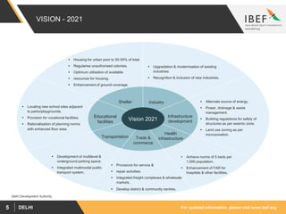 For updated information, please visit www.ibef.orgDELHI5
VISION - 2021
Infrastructure
development
IndustryShelter
Health
infrastructure
 Housing for urban poor to 50-55% of total.
 Regularise unauthorised colonies.
 Optimum utilisation of available
 resources for housing.
 Enhancement of ground coverage.
Trade &
commerce
 Provisions for service &
 repair activities.
 Integrated freight complexes & wholesale
markets.
 Develop district & community centres.
Transportation
Educational
facilities
 Alternate source of energy.
 Power, drainage & waste
management.
 Building regulations for safety of
structures as per seismic zone.
 Land use zoning as per
microzonation.
 Development of multilevel &
underground parking space.
 Integrated multimodal public
transport system.
 Upgradation & modernisation of existing
industries.
 Recognition & inclusion of new industries.
 Achieve norms of 5 beds per
1,000 population.
 Enhancement of FAR for
hospitals & other facilities.
 Locating new school sites adjacent
to parks/playgrounds.
 Provision for vocational facilities.
 Rationalisation of planning norms
with enhanced floor area.
Vision 2021
Delhi Development Authority
 