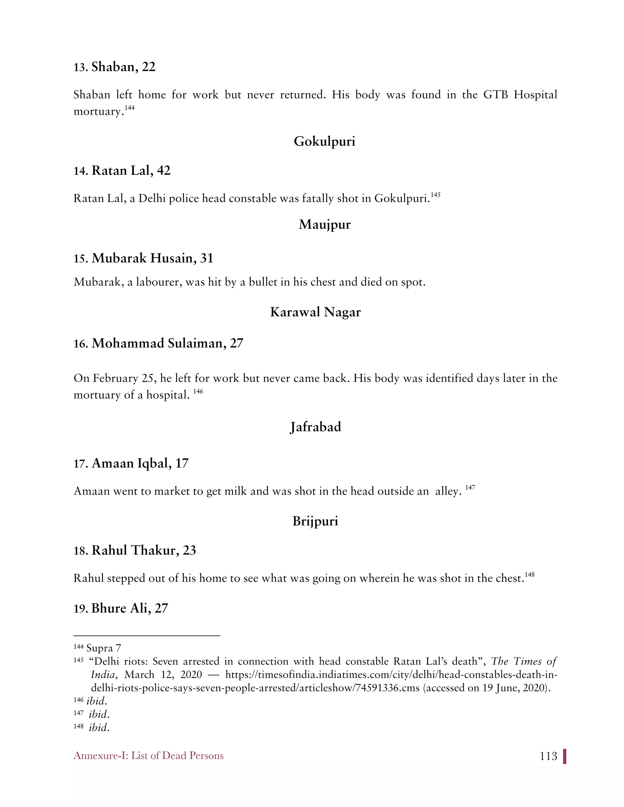 Annexure-I: List of Dead Persons 113
13. Shaban, 22
Shaban left home for work but never returned. His body was found in the GTB Hospital
mortuary.144
Gokulpuri
14. Ratan Lal, 42
Ratan Lal, a Delhi police head constable was fatally shot in Gokulpuri.145
Maujpur
15. Mubarak Husain, 31
Mubarak, a labourer, was hit by a bullet in his chest and died on spot.
Karawal Nagar
16. Mohammad Sulaiman, 27
On February 25, he left for work but never came back. His body was identified days later in the
mortuary of a hospital. 146
Jafrabad
17. Amaan Iqbal, 17
Amaan went to market to get milk and was shot in the head outside an alley. 147
Brijpuri
18. Rahul Thakur, 23
Rahul stepped out of his home to see what was going on wherein he was shot in the chest.148
19. Bhure Ali, 27
144 Supra 7
145 “Delhi riots: Seven arrested in connection with head constable Ratan Lal’s death”, The Times of
India, March 12, 2020 — https://timesofindia.indiatimes.com/city/delhi/head-constables-death-in-
delhi-riots-police-says-seven-people-arrested/articleshow/74591336.cms (accessed on 19 June, 2020).
146 ibid.
147 ibid.
148 ibid.
 