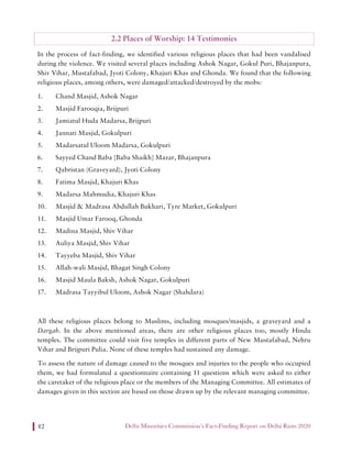 Delhi Minorities Commission’s Fact-Finding Report on Delhi Riots 202042
2.2 Places of Worship: 14 Testimonies
In the process of fact-finding, we identified various religious places that had been vandalised
during the violence. We visited several places including Ashok Nagar, Gokul Puri, Bhajanpura,
Shiv Vihar, Mustafabad, Jyoti Colony, Khajuri Khas and Ghonda. We found that the following
religious places, among others, were damaged/attacked/destroyed by the mobs:
1. Chand Masjid, Ashok Nagar
2. Masjid Farooqia, Brijpuri
3. Jamiatul Huda Madarsa, Brijpuri
4. Jannati Masjid, Gokulpuri
5. Madarsatul Uloom Madarsa, Gokulpuri
6. Sayyed Chand Baba [Baba Shaikh] Mazar, Bhajanpura
7. Qabristan (Graveyard), Jyoti Colony
8. Fatima Masjid, Khajuri Khas
9. Madarsa Mahmudia, Khajuri Khas
10. Masjid & Madrasa Abdullah Bukhari, Tyre Market, Gokulpuri
11. Masjid Umar Farooq, Ghonda
12. Madina Masjid, Shiv Vihar
13. Auliya Masjid, Shiv Vihar
14. Tayyeba Masjid, Shiv Vihar
15. Allah-wali Masjid, Bhagat Singh Colony
16. Masjid Maula Baksh, Ashok Nagar, Gokulpuri
17. Madrasa Tayyibul Uloom, Ashok Nagar (Shahdara)
All these religious places belong to Muslims, including mosques/masjids, a graveyard and a
Dargah. In the above mentioned areas, there are other religious places too, mostly Hindu
temples. The committee could visit five temples in different parts of New Mustafabad, Nehru
Vihar and Brijpuri Pulia. None of these temples had sustained any damage.
To assess the nature of damage caused to the mosques and injuries to the people who occupied
them, we had formulated a questionnaire containing 11 questions which were asked to either
the caretaker of the religious place or the members of the Managing Committee. All estimates of
damages given in this section are based on those drawn up by the relevant managing committee.
 