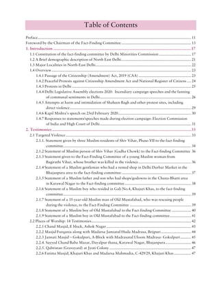 Table of Contents
Preface............................................................................................................................................... 11
Foreword by the Chairman of the Fact-Finding Committee................................................................. 13
1. Introduction .......................................................................................................................17
1.1 Constitution of the fact-finding committee by Delhi Minorities Commission.............................. 17
1.2 A Brief demographic description of North East Delhi................................................................. 21
1.3 Major Localities in North-East Delhi......................................................................................... 22
1.4 Overview.................................................................................................................................. 23
1.4.1 Passage of the Citizenship (Amendment) Act, 2019 (CAA)................................................. 23
1.4.2 Peaceful Protests against Citizenship Amendment Act and National Register of Citizens .... 24
1.4.3 Protests in Delhi............................................................................................................... 25
1.4.4 Delhi Legislative Assembly elections 2020: Incendiary campaign speeches and the fanning
of communal sentiments in Delhi..................................................................................... 26
1.4.5 Attempts at harm and intimidation of Shaheen Bagh and other protest sites, including
direct violence................................................................................................................. 29
1.4.6 Kapil Mishra’s speech on 23rd February 2020.................................................................... 30
1.4.7 Responses to statements/speeches made during election campaign: Election Commission
of India and High Court of Delhi..................................................................................... 31
2. Testimonies........................................................................................................................33
2.1 Targeted Violence..................................................................................................................... 33
2.1.1. Statement given by three Muslim residents of Shiv Vihar, Phase-VII to the fact-finding
committee....................................................................................................................... 34
2.1.2 Statement of Muslim person of Shiv Vihar (Gadha Chowk) to the Fact-finding Committee 36
2.1.3 Statement given to the Fact-Finding Committee of a young Muslim woman from
Bagirathi Vihar, whose brother was killed in the violence................................................. 36
2.1.4 Statement of a Muslim gentleman who had a rented shop in Delhi Durbar Market in the
Bhajanpura area to the fact-finding committee................................................................. 37
2.1.5 Statement of a Muslim father and son who had shops/godowns in the Chuna-Bhatti area
in Karawal Nagar to the Fact-finding committee.............................................................. 38
2.1.6 Statement of a Muslim boy who resided in Gali No.4, Khajuri Khas, to the fact-finding
committee....................................................................................................................... 39
2.1.7 Statement of a 35-year-old Muslim man of Old Mustafabad, who was rescuing people
during the violence, to the Fact-Finding Committee ......................................................... 39
2.1.8 Statement of a Muslim boy of Old Mustafabad to the Fact-finding Committee .................. 40
2.1.9 Statement of a Muslim boy in Old Mustafabad to the Fact-finding committee.................... 41
2.2 Places of Worship: 14 Testimonies............................................................................................. 42
2.2.1 Chand Masjid, E block, Ashok Nagar............................................................................... 43
2.2.2 Masjid Furqania along with Madarsa Jamiatul Huda Madrasa, Brijpuri............................ 44
2.2.3 Jannati Masjid – Gokulpuri, A-Block with Madrasatul Uloom Madrasa- Gokulpuri.......... 45
2.2.4. Sayyed Chand Baba Mazar, Dayalpur thana, Karawal Nagar, Bhajanpura........................ 46
2.2.5. Qabristan (Graveyard) at Jyoti Colony ............................................................................ 47
2.2.6 Fatima Masjid, Khajuri Khas and Madarsa Mahmudia, C-429/29, Khajuri Khas................ 47
 
