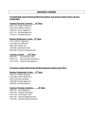 WEST DELHI - 1 CENTRES

4) Punjabi Bagh: Swami Shivanand Memorial Institute. East Avenue market road no. 30, East
Punjabi Bagh.

Tuesday /Thursday / Saturday     (8th May)
4:00- 4:45 Children Beginners
4:45-5:30 Children Advance
5:30-6:15 Junior Beginners
6:15-7:15 Sha Bop Beginners
7:15-8:15 Sha Bop Advance

Monday /Wednesday / Friday (7th May)
4:15 -5:15 Pre - Beginners
5:15-6:00 Junior Advance
6:00-7:00 Theatre Jazz
7:00-8:00 Jive& Rock n Roll
8:00-9:00 Shiamak Bollywood Jazz

Saturday / Sunday      (12th May)
8:00-9:30    Jive and Rock n Roll
9:30-11:15 Shiamak Style Elementary
11:15-12:45 Shiamak Style Beginner


5) Janakpuri :Happy Model School, B2 Block.Opposite Janakpuri post office.

Monday / Wednesday / Friday      (7th May)
4:30-5:15 Children Advance
5:15-6:00 Children Beginners
6:00 -6:45 Junior Advance
7:00-8:00 Sha Bop Beginners
8:00-9:00 Sha Bop Advance

Tuesday / Thursday / Saturday      (8th May)
4:00-4:45 Junior Beginners
4:45-5:45 Shiamak Style Beg-1
5:45- 6:45 Jive & Rock n Roll
6:45-7:45 Shiamak Bollywood Jazz
7:45-9:00 Shiamak Style Elementary
 