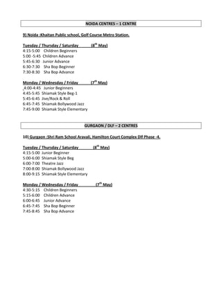 NOIDA CENTRES – 1 CENTRE

9) Noida :Khaitan Public school, Golf Course Metro Station.

Tuesday / Thursday / Saturday        (8th May)
4:15-5:00 Children Beginners
5:00 -5:45 Children Advance
5:45-6:30 Junior Advance
6:30-7:30 Sha Bop Beginner
7:30-8:30 Sha Bop Advance

Monday / Wednesday / Friday        (7th May)
4:00-4:45 Junior Beginners
4:45-5:45 Shiamak Style Beg-1
5:45-6:45 Jive/Rock & Roll
6:45-7:45 Shiamak Bollywood Jazz
7:45-9:00 Shiamak Style Elementary


                                  GURGAON / DLF – 2 CENTRES

10) Gurgaon :Shri Ram School Aravali, Hamilton Court Complex Dlf Phase -4.

Tuesday / Thursday / Saturday         (8th May)
4:15-5:00 Junior Beginner
5:00-6:00 Shiamak Style Beg
6:00-7:00 Theatre Jazz
7:00-8:00 Shiamak Bollywood Jazz
8:00-9:15 Shiamak Style Elementary

Monday / Wednesday / Friday             (7th May)
4:30-5:15 Children Beginners
5:15-6:00 Children Advance
6:00-6:45 Junior Advance
6:45-7:45 Sha Bop Beginner
7:45-8:45 Sha Bop Advance
 