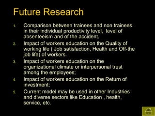 Future Research
1.

2.

3.

4.

5.

Comparison between trainees and non trainees
in their individual productivity level, level of
absenteeism and of the accident.
Impact of workers education on the Quality of
working life ( Job satisfaction, Health and Off-the
job life) of workers.
Impact of workers education on the
organizational climate or interpersonal trust
among the employees;
Impact of workers education on the Return of
investment;
Current model may be used in other Industries
and diverse sectors like Education , health,
service, etc.

 