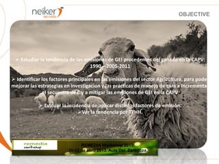  Estudiar la tendencia de las emisiones de GEI procedentes del ganado en la CAPV:
1990 – 2005-2011
 Identificar los factores principales en las emisiones del sector Agricultura, para poder
mejorar las estrategias en investigación y las prácticas de manejo de cara a incrementar
el secuestro de C y a mitigar las emisiones de GEI en la CAPV
 Evaluar la incidencia de aplicar distintos factores de emisión.
Ver la tendencia por TTHH.
OBJECTIVE
REMEDIA Workshop 2013:
11-12 de abril 2013. Aula Dei. Zaragoza.
 