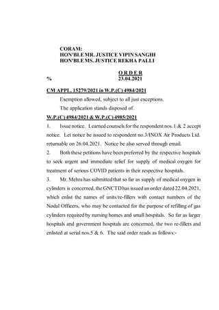 CORAM:
HON'BLEMR. JUSTICE VIPIN SANGHI
HON'BLEMS. JUSTICE REKHA PALLI
O R D E R
% 23.04.2021
CM APPL. 15279/2021 in W.P.(C...