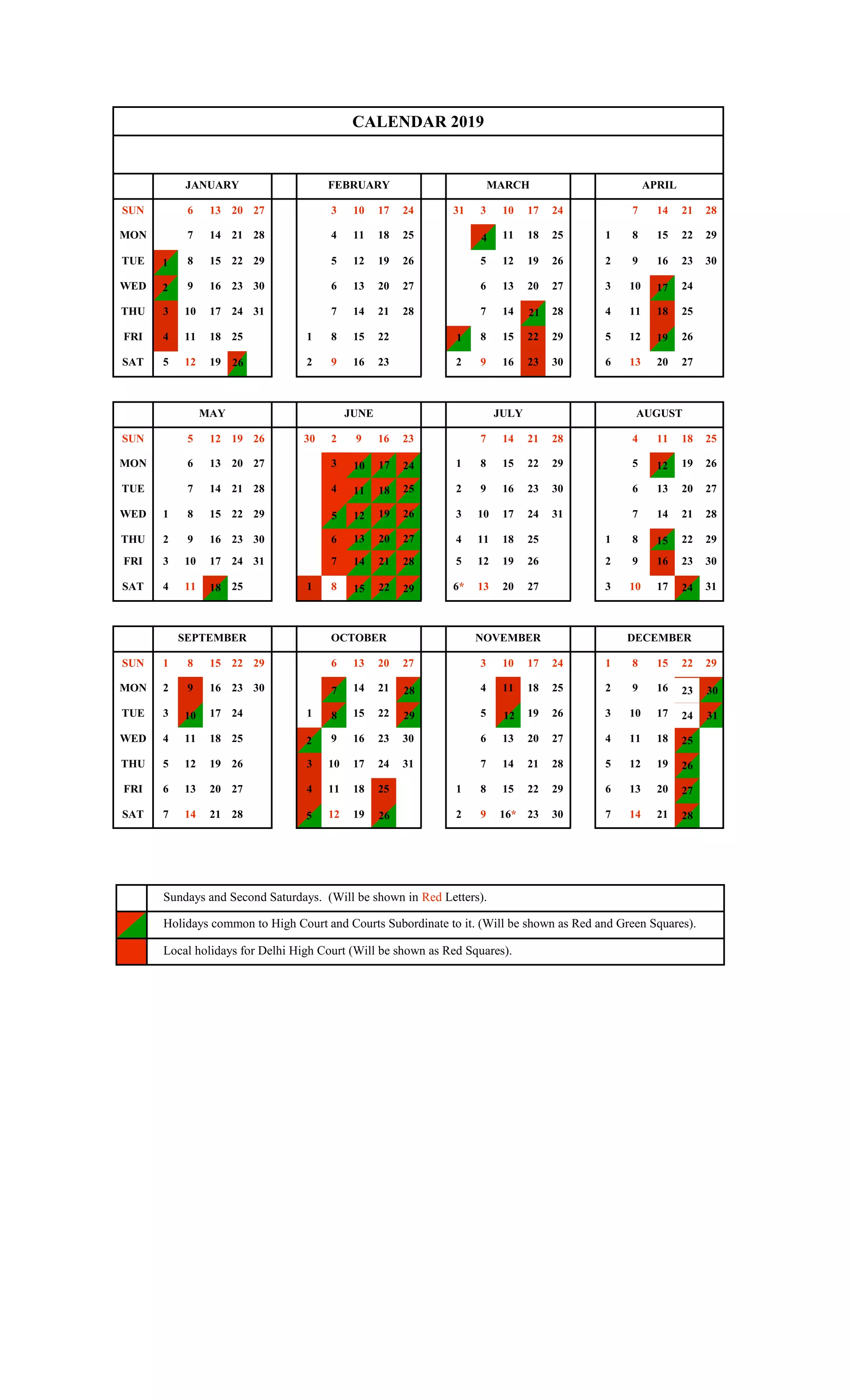 Delhi high court calendar 2019 | PDF