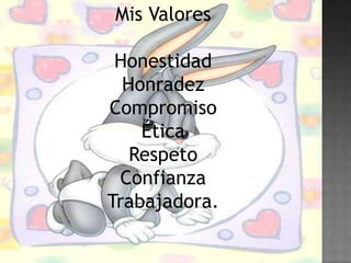 Mis Valores
Honestidad
Honradez
Compromiso
Ética
Respeto
Confianza
Trabajadora.
 