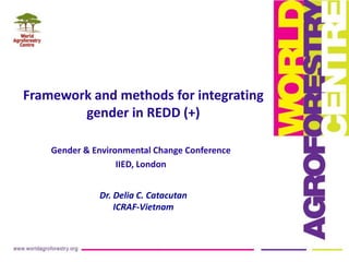 Framework and methods for integrating
gender in REDD (+)
Gender & Environmental Change Conference
IIED, London
Dr. Delia C. Catacutan
ICRAF-Vietnam
 
