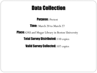 Data Collection
                Purpose: Pretest

          Time: March 20 to March 27
Place: GSU and Mugar Library in Boston University

     Total Survey Distributed: 110 copies

       Valid Survey Collected: 107 copies
 