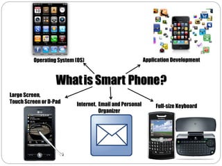 Operating System (OS)                           Application Development



                   What is Smart Phone ?
Large Screen,
Touch Screen or D-Pad     Internet, Email and Personal        Full-size Keyboard
                                    Organizer
 