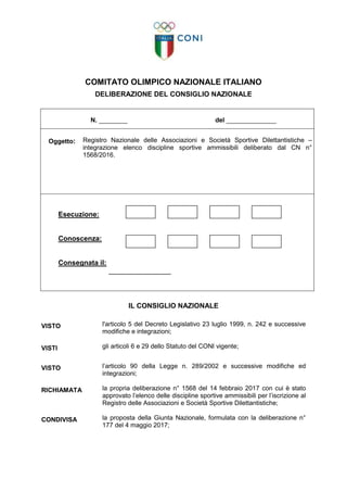 COMITATO OLIMPICO NAZIONALE ITALIANO
DELIBERAZIONE DEL CONSIGLIO NAZIONALE
N. ________ del ______________
Oggetto: Registro Nazionale delle Associazioni e Società Sportive Dilettantistiche –
integrazione elenco discipline sportive ammissibili deliberato dal CN n°
1568/2016.
Esecuzione:
Conoscenza:
Consegnata il:
________________
IL CONSIGLIO NAZIONALE
VISTO l'articolo 5 del Decreto Legislativo 23 luglio 1999, n. 242 e successive
modifiche e integrazioni;
VISTI gli articoli 6 e 29 dello Statuto del CONI vigente;
VISTO l’articolo 90 della Legge n. 289/2002 e successive modifiche ed
integrazioni;
RICHIAMATA la propria deliberazione n° 1568 del 14 febbraio 2017 con cui è stato
approvato l’elenco delle discipline sportive ammissibili per l’iscrizione al
Registro delle Associazioni e Società Sportive Dilettantistiche;
CONDIVISA la proposta della Giunta Nazionale, formulata con la deliberazione n°
177 del 4 maggio 2017;
 