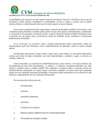 11




DELIBERAÇÃO CVM Nº 29, DE 05 DE FEVEREIRO DE 1986.

Contabilidade, para inserir-se no mais amplo feudo da Sociologia Comercial e do Direito, bem como da
Economia e outras ciências. Predispõem a Contabilidade, no que se segue, a assumir esta ou aquela
postura, embora o condicionamento não seja tão restrito quanto se possa imaginar.

      Os princípios propriamente ditos representam a resposta da disciplina contábil aos postulados, uma
verdadeira postura filosófica e também prática diante do que antes apenas contemplávamos e admitíamos
(os postulados). Os princípios constituem, de fato, o núcleo central da estrutura contábil. Delimitam como
a profissão irá, em largos traços, posicionar-se diante da realidade social, econômica e institucional
admitida pelos Postulados.

      Já as convenções ou restrições, como a própria denominação indica, representam, dentro do
direcionamento geral dos Princípios, certos condicionamentos de aplicação, numa ou noutra situação
prática.

      Os Princípios representam a larga estrada a seguir rumo a uma cidade. As convenções (Restrições)
seriam como sinais ou placas indicando, com mais especificidade, o caminho a seguir, os desvios, as
entradas, saídas etc.

       Assim enunciados, os conceitos de Contabilidade passam, como veremos, a ter mais coerência, são
principalmente de mais fácil entendimento, e o prático e o estudioso conseguem palmilhar com mais
clareza o caminho rumo à verdade contábil. Mas, repetimos, na prática, todos os conceitos devem ser
satisfatoriamente empregados ao mesmo tempo e de forma integrada. Um prato muito bem preparado
quanto aos seus elementos principais (Postulados e Princípios) ainda assim poderá ser um fracasso se não
tratarmos, adequadamente de seu condimento (Restrições).

     Os conceitos-chave deste item são:

     o        hierarquização;

     o        estrutura;

     o        postulados ambientais;

     o        princípios;

     o        restrições (Convenções).

     4.       POSTULADOS AMBIENTAIS DA CONTABILIDADE

     0.       O Postulado da Entidade Contábil
 