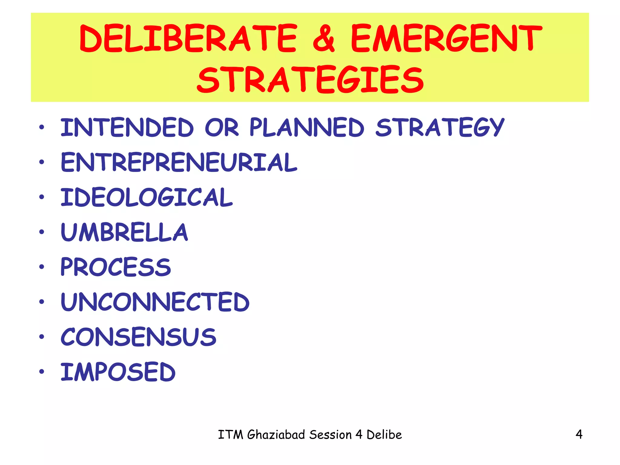 DELIBERATE & EMERGENT STRATEGIES INTENDED OR PLANNED STRATEGY ENTREPRENEURIAL IDEOLOGICAL UMBRELLA PROCESS UNCONNECTED CONSENSUS IMPOSED