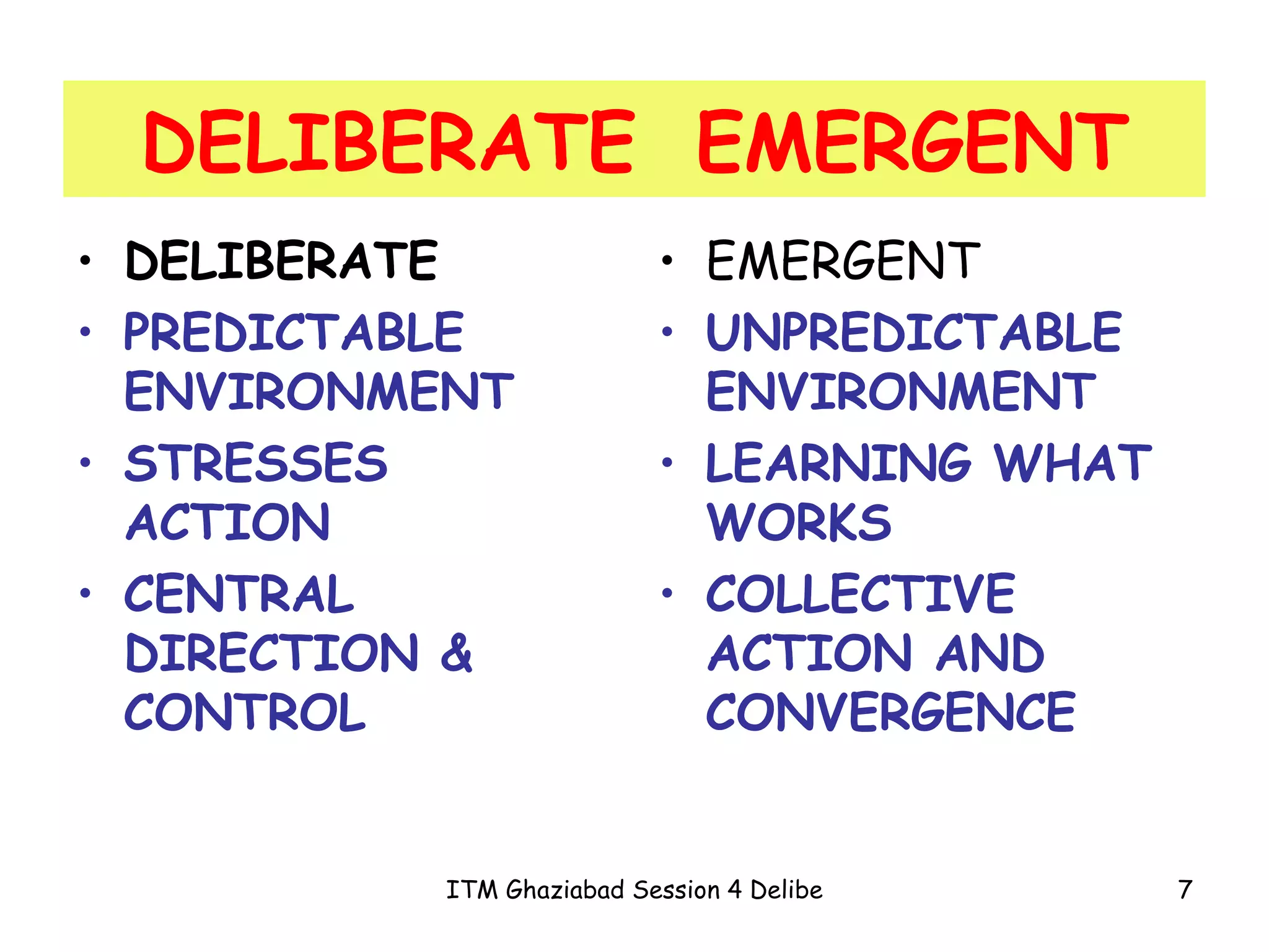 DELIBERATE PREDICTABLE ENVIRONMENT STRESSES ACTION CENTRAL DIRECTION & CONTROL EMERGENT UNPREDICTABLE ENVIRONMENT LEARNING WHAT WORKS COLLECTIVE ACTION AND CONVERGENCE DELIBERATE EMERGENT