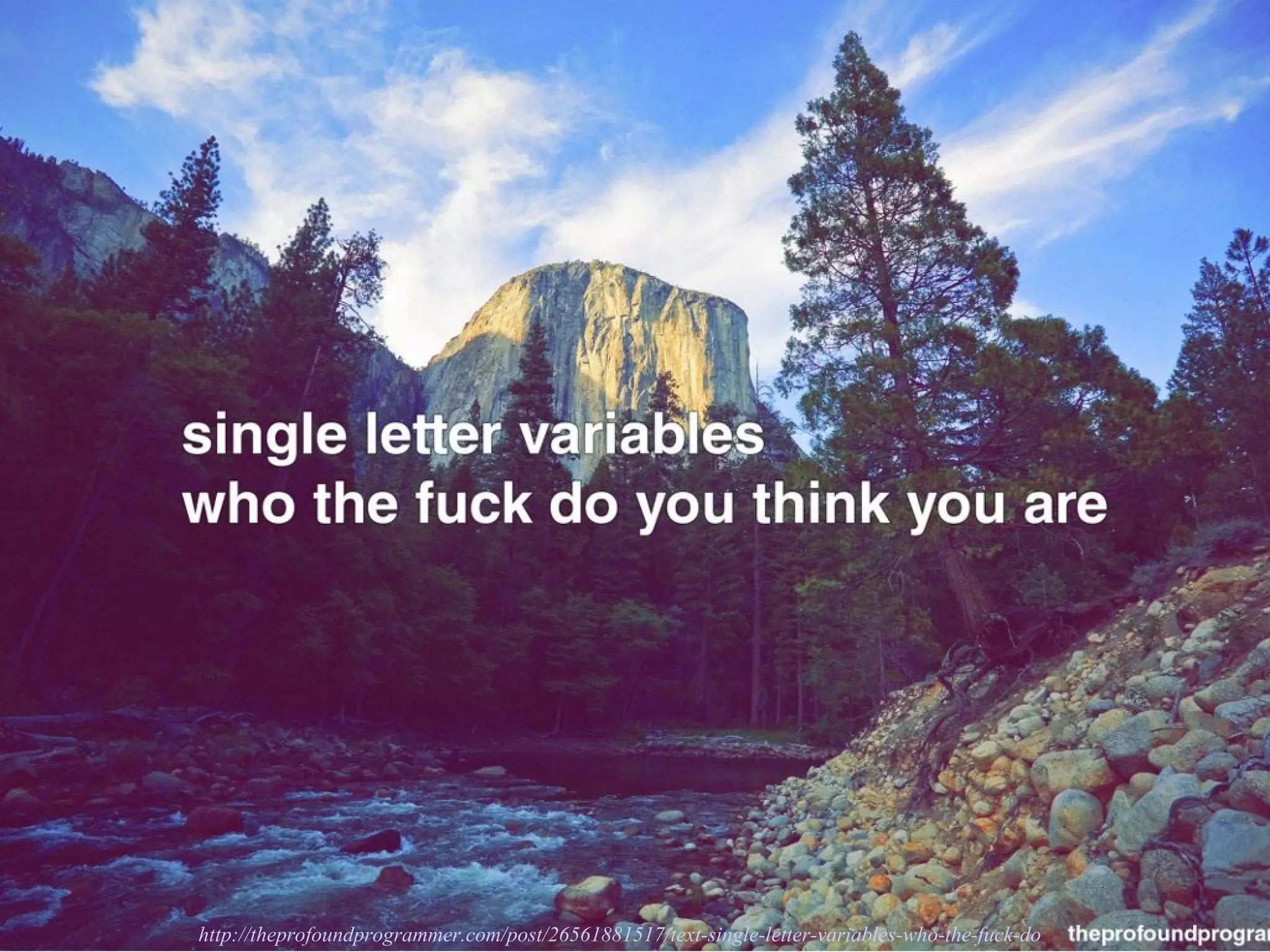 or like that (Single Letter
Variables)
http://theprofoundprogrammer.com/post/26561881517/text-single-letter-variables-who-the-fuck-do
 